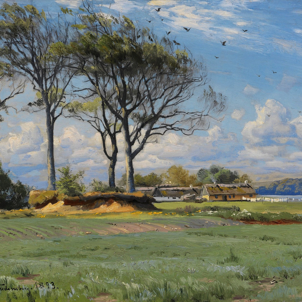 Landscape Oil Painting - Rural Meadow & Thatch Cottages, Birds & Water - Oil Painting Haven