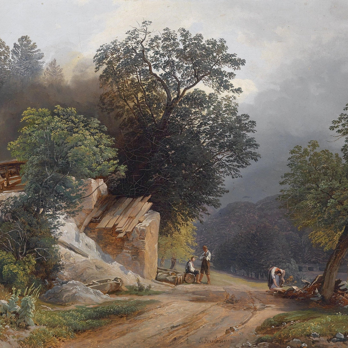 Landscape Oil Painting - Rural Mountain Valley Path, Figures, Old Hut - Oil Painting Haven