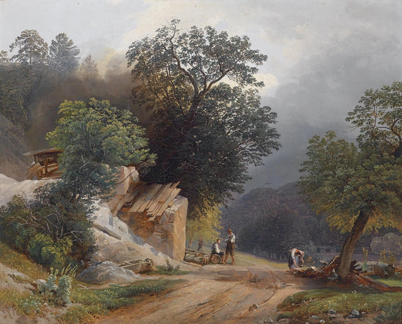 Landscape Oil Painting - Rural Mountain Valley Path, Figures, Old Hut - Oil Painting Haven