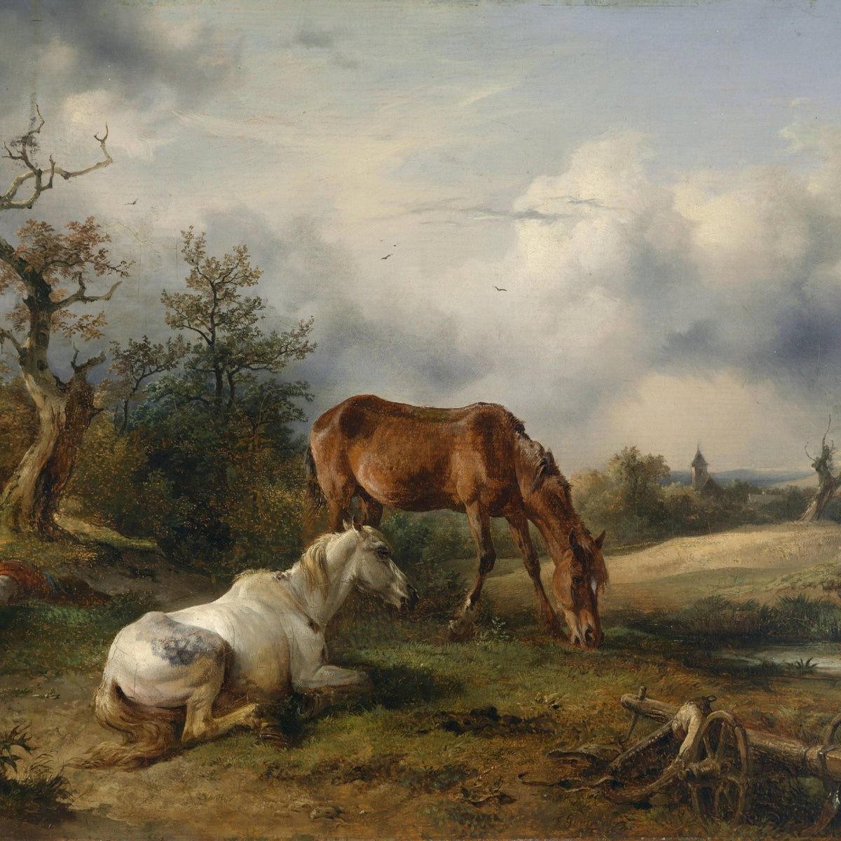 Landscape Oil Painting - Rural Pastora & Horses, Resting Figure, Church - Oil Painting Haven