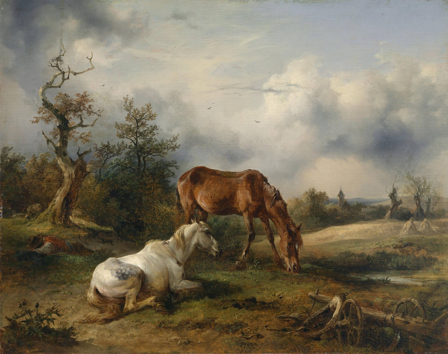 Landscape Oil Painting - Rural Pastora & Horses, Resting Figure, Church - Oil Painting Haven