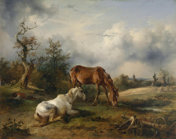 Landscape Oil Painting - Rural Pastora & Horses, Resting Figure, Church - Oil Painting Haven