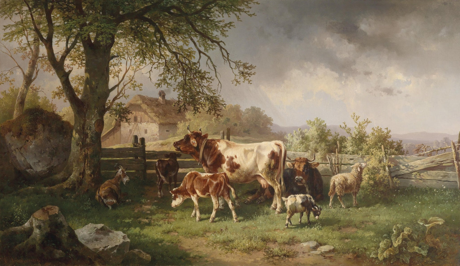 Landscape Oil Painting - Rural Pastoral & Cows, Goats, Thatched Cottage - Oil Painting Haven