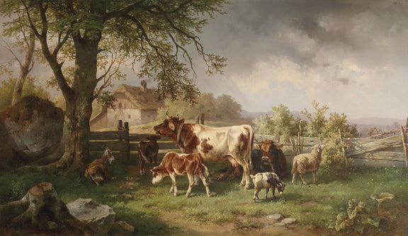 Landscape Oil Painting - Rural Pastoral & Cows, Goats, Thatched Cottage - Oil Painting Haven