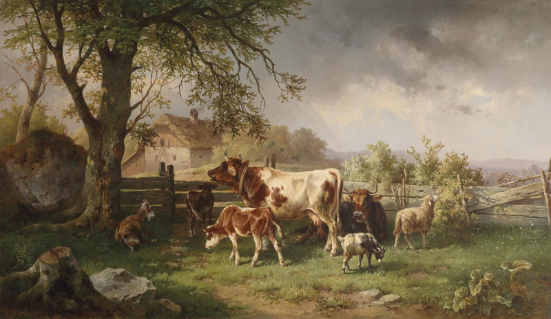 Landscape Oil Painting - Rural Pastoral & Cows, Goats, Thatched Cottage - Oil Painting Haven