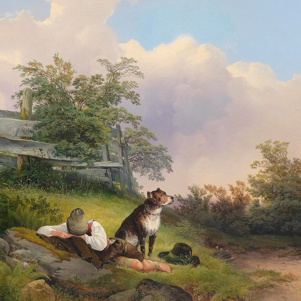 Landscape Oil Painting - Rural Pastoral Rest, Figure & Guarding Dog - Oil Painting Haven
