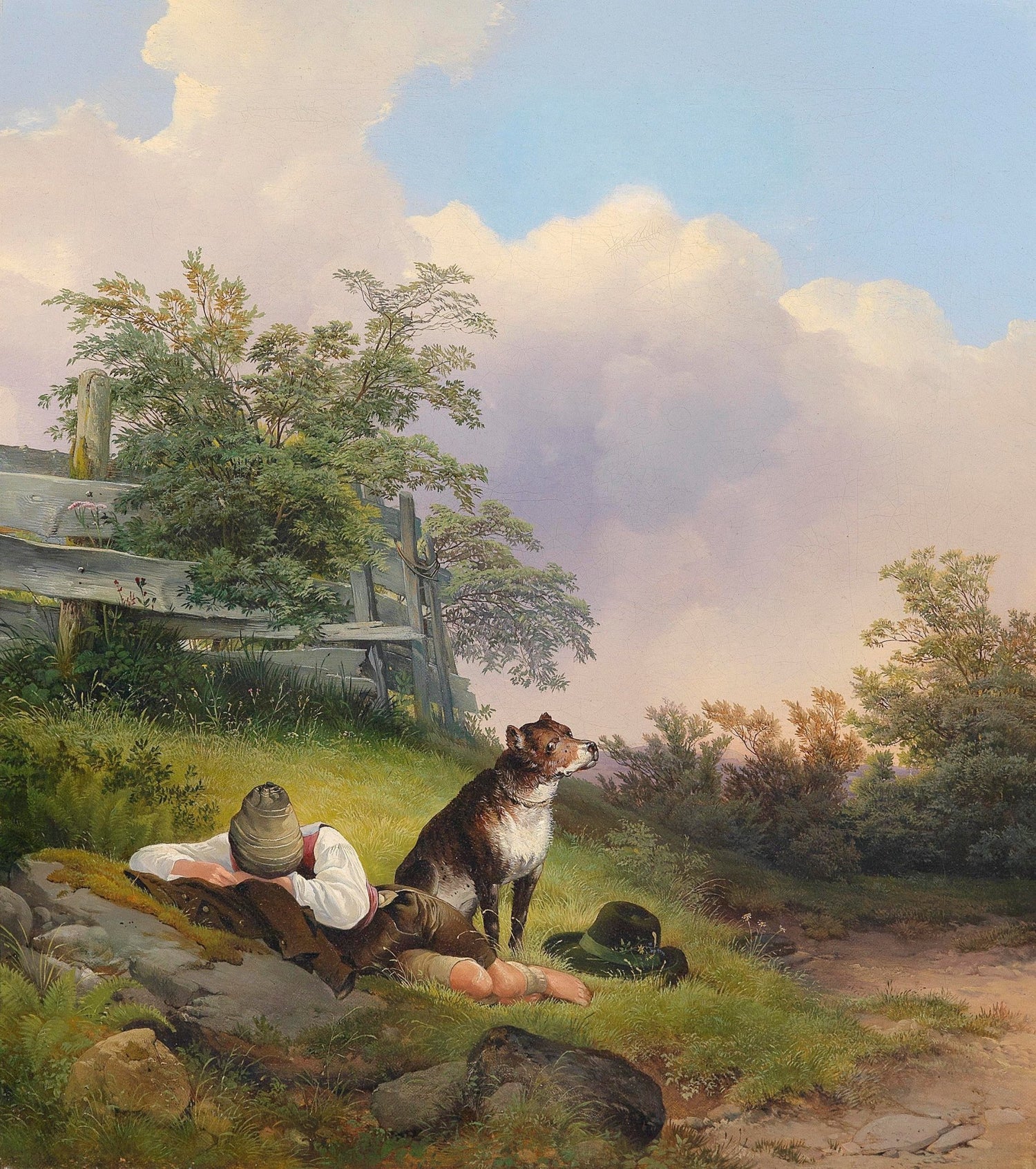 Landscape Oil Painting - Rural Pastoral Rest, Figure & Guarding Dog - Oil Painting Haven