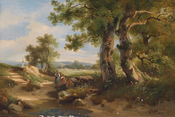 Landscape Oil Painting - Rural Path, Children, Giant Trees & Church - Oil Painting Haven