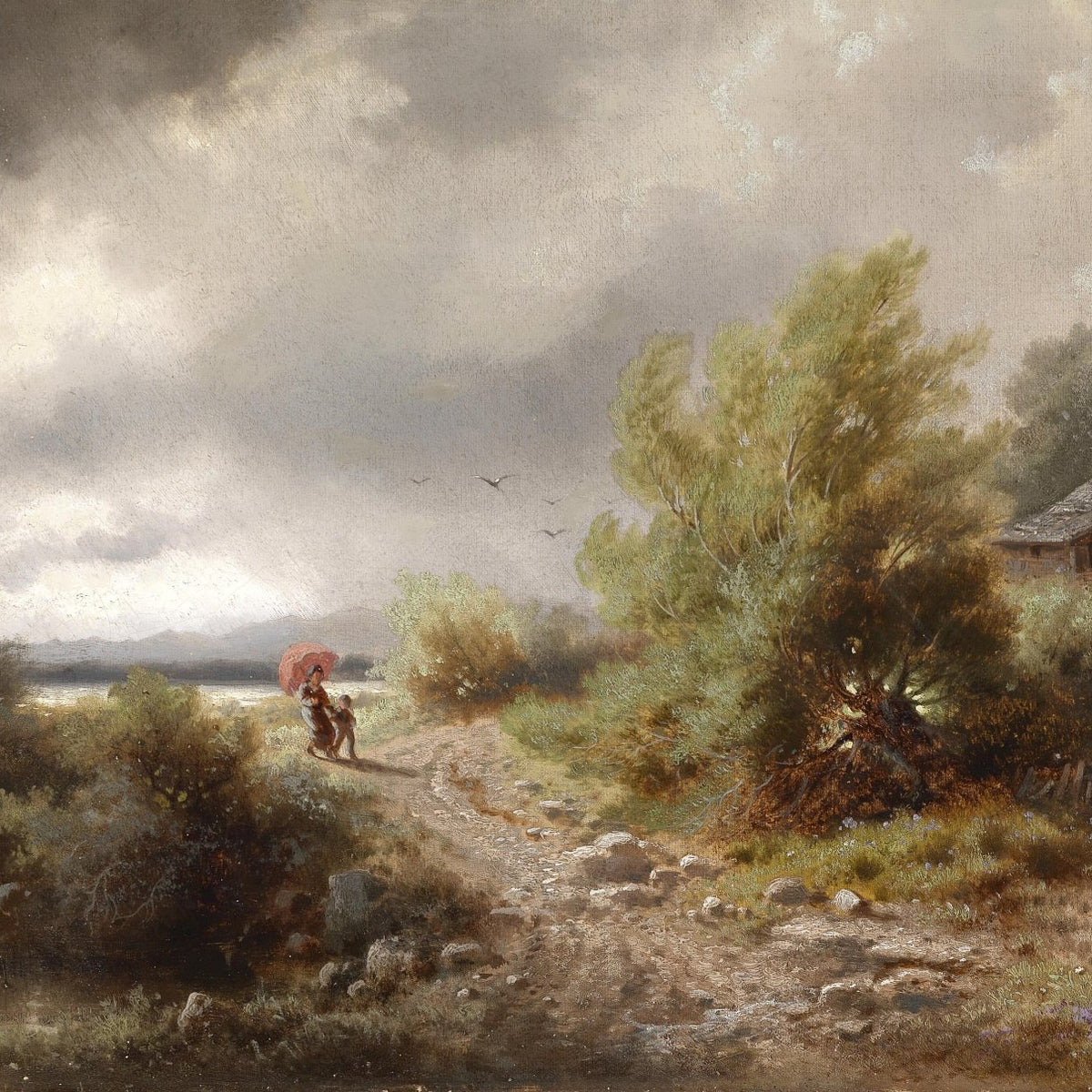 Landscape Oil Painting - Rural Path in Stormy Skies: Red Umbrella Figure - Oil Painting Haven