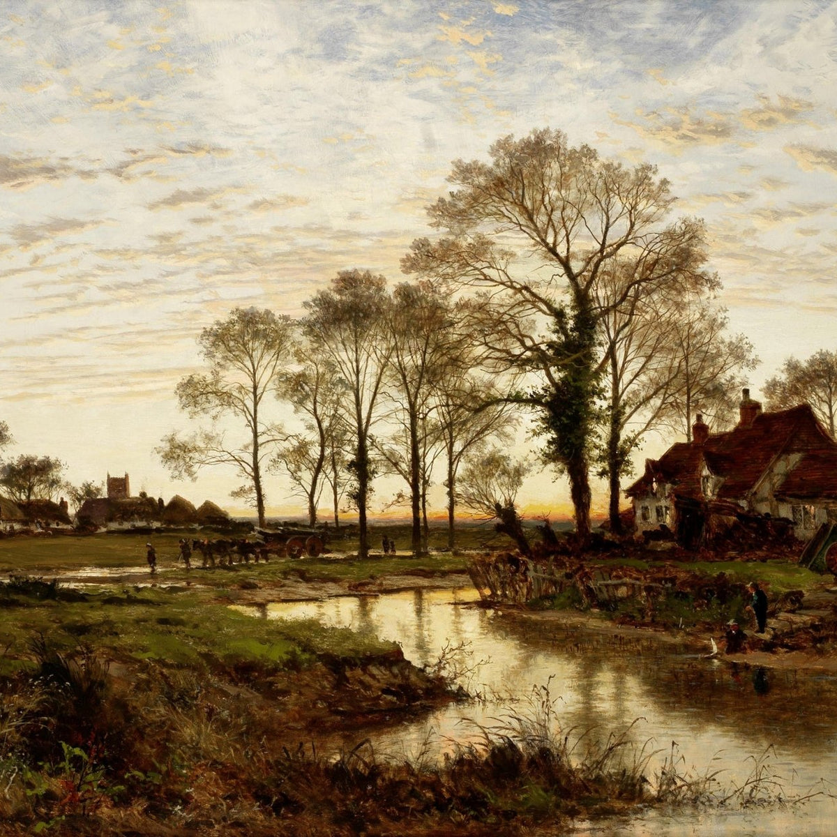 Landscape Oil Painting - Rural River at Dusk, Cottages & Country - Oil Painting Haven