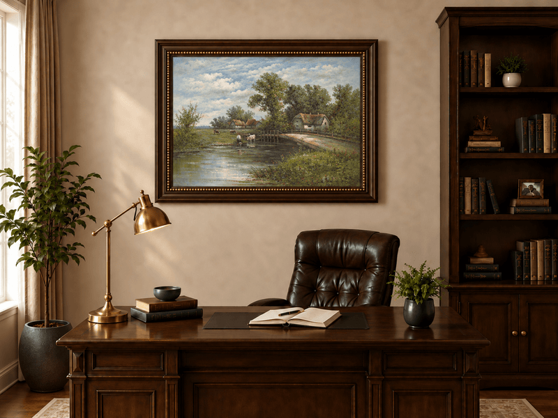 Landscape Oil Painting - Rural River Cows, Thatch Cottages