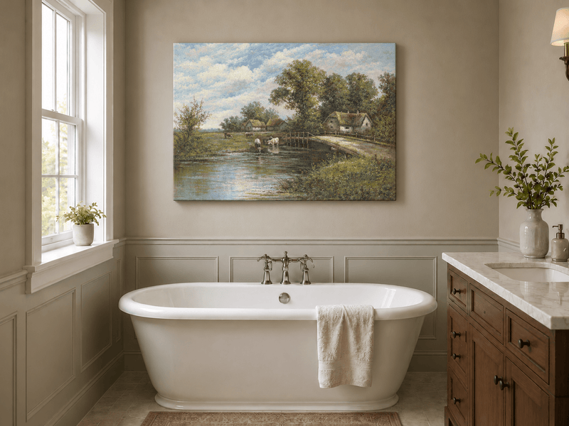 Landscape Oil Painting - Rural River Cows, Thatch Cottages