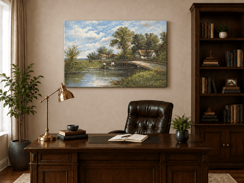 Landscape Oil Painting - Rural River Cows, Thatch Cottages