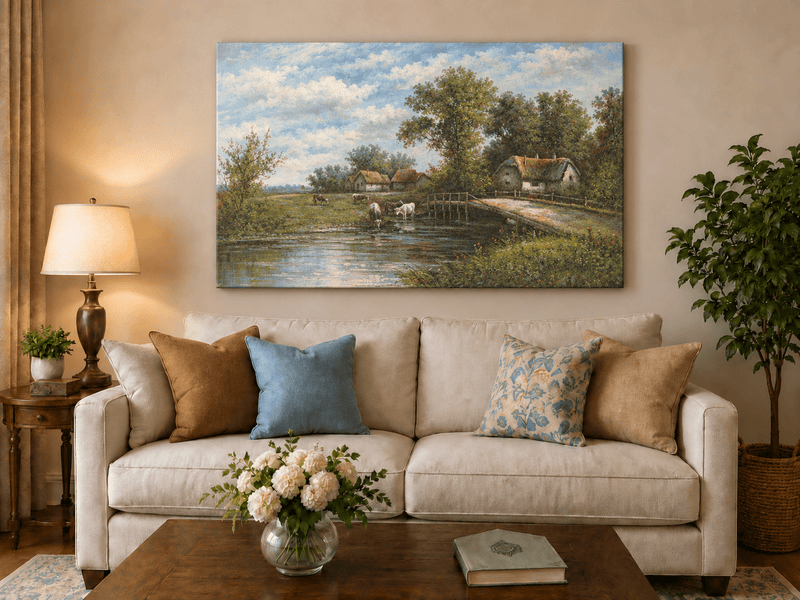 Landscape Oil Painting - Rural River Cows, Thatch Cottages