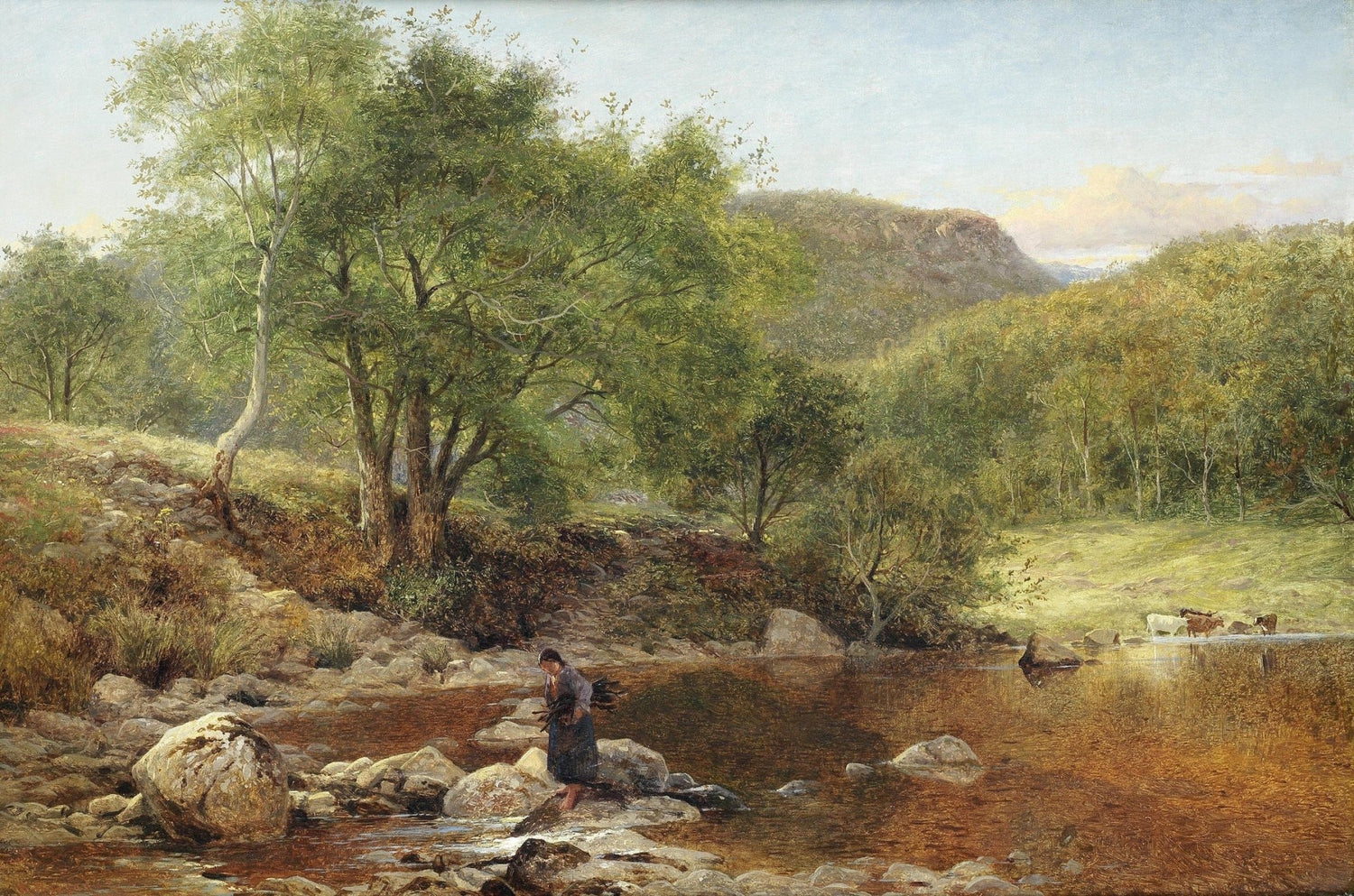 Landscape Oil Painting - Rural River, Figure on Rocks & Distant Cattle - Oil Painting Haven