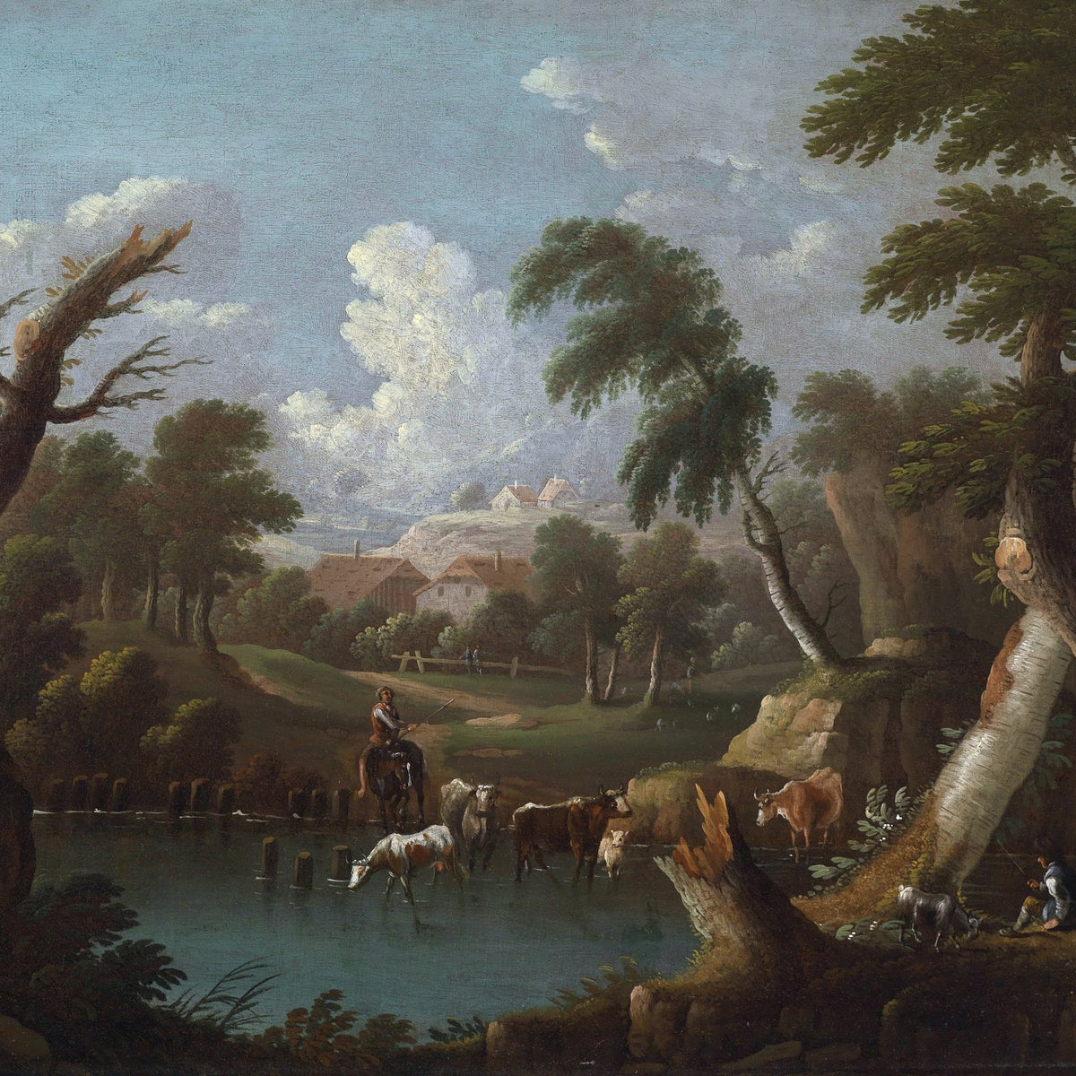 Landscape Oil Painting - Rural River & Herdsman