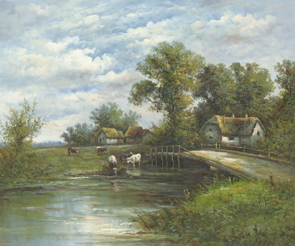 Landscape Oil Painting - Rural River Scene with Cows, Thatch Cottages - Oil Painting Haven
