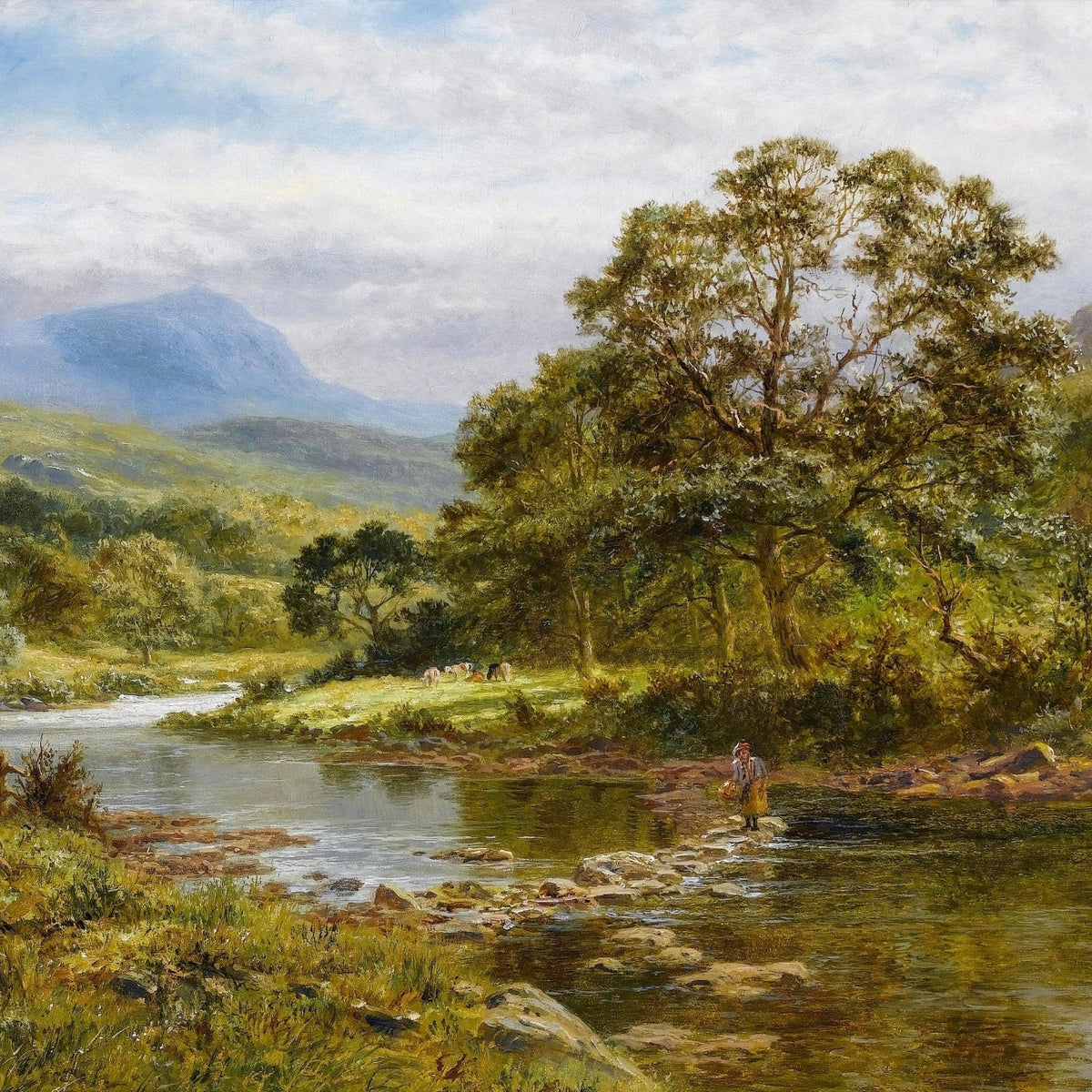 Landscape Oil Painting - Rural river valley & angler, calm waters - Oil Painting Haven