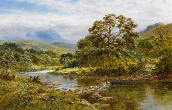 Landscape Oil Painting - Rural river valley & angler, calm waters - Oil Painting Haven