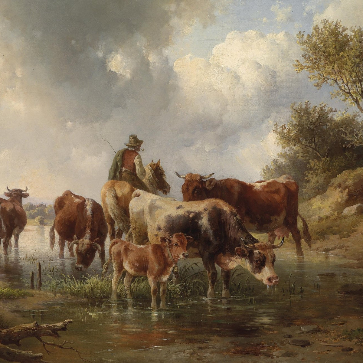 Landscape Oil Painting - Rural Riverbank & Cattle, Herdsman, Distant Town - Oil Painting Haven