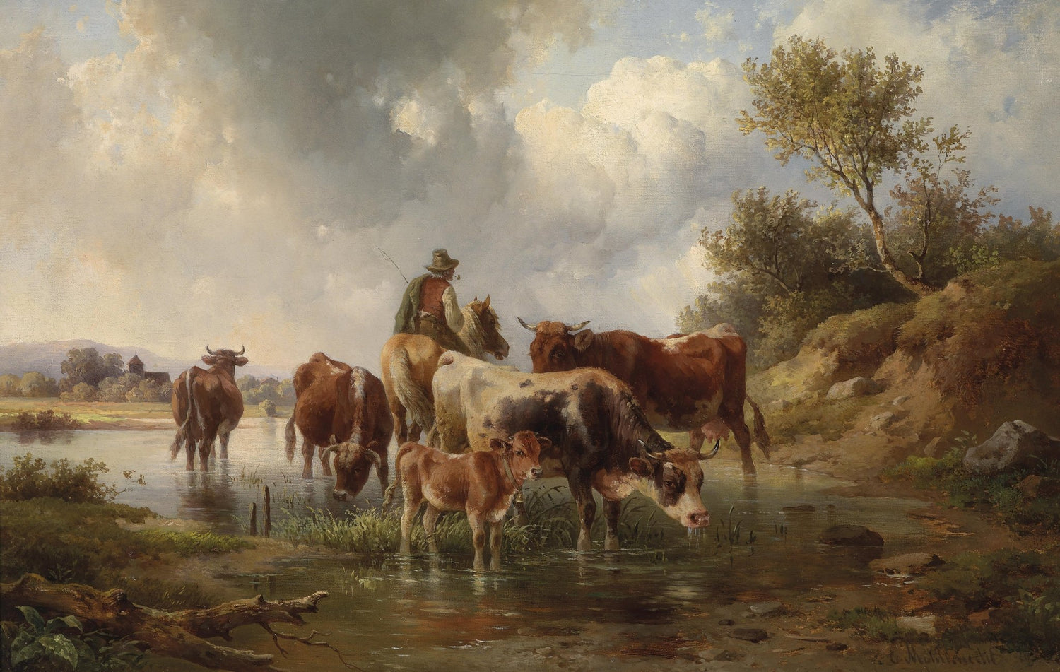 Landscape Oil Painting - Rural Riverbank & Cattle, Herdsman, Distant Town - Oil Painting Haven