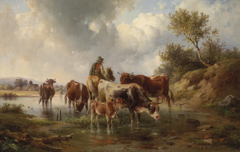 Landscape Oil Painting - Rural Riverbank & Cattle, Herdsman, Distant Town - Oil Painting Haven