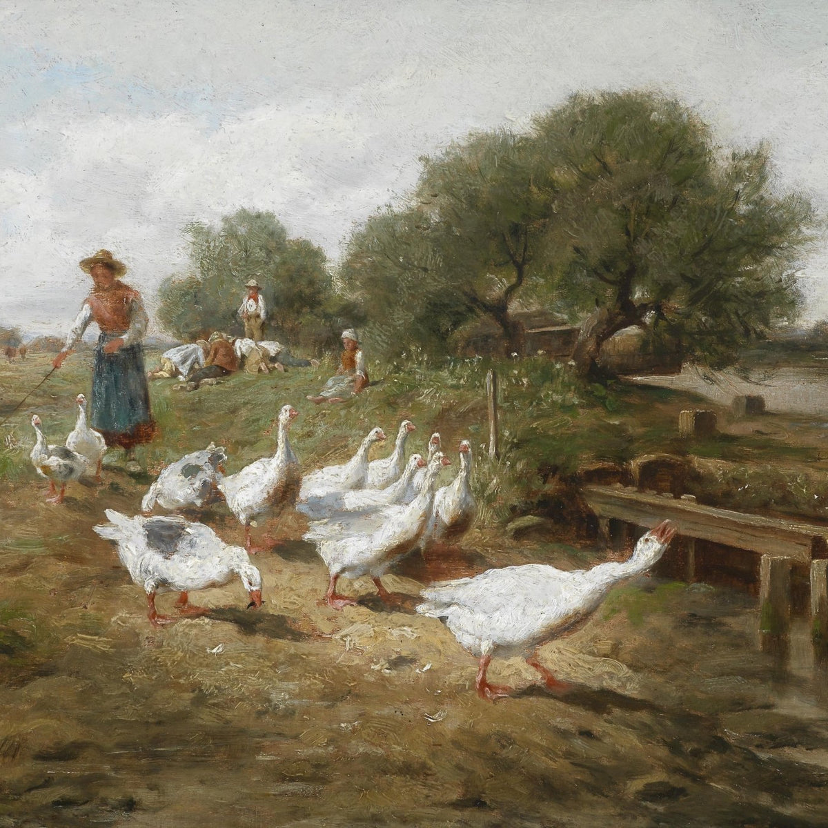 Landscape Oil Painting - Rural Riverbank: Woman, Geese & Resting Workers - Oil Painting Haven