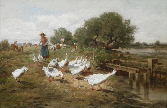 Landscape Oil Painting - Rural Riverbank: Woman, Geese & Resting Workers - Oil Painting Haven