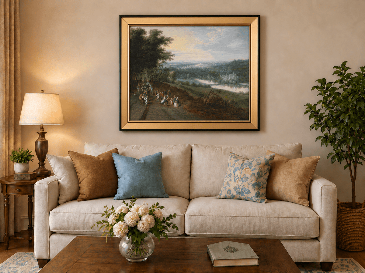 Landscape Oil Painting - Rural Road, Carriage, Figures & Buildings