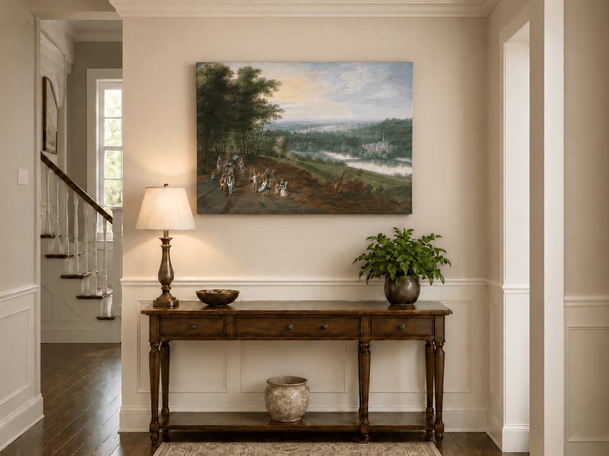 Landscape Oil Painting - Rural Road, Carriage, Figures & Buildings