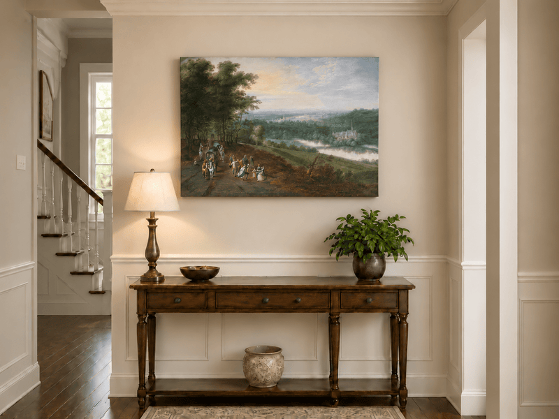 Landscape Oil Painting - Rural Road, Carriage, Figures & Buildings