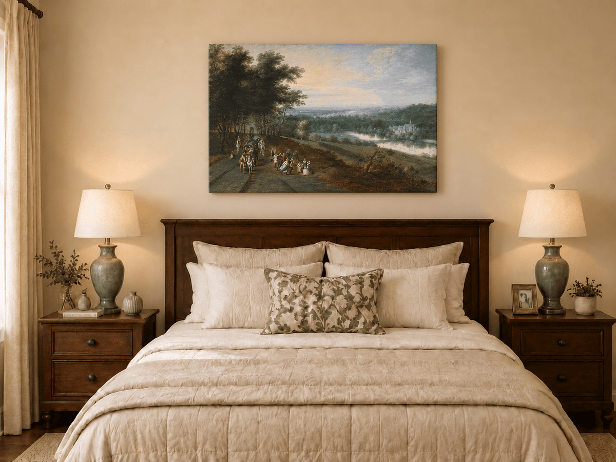 Landscape Oil Painting - Rural Road, Carriage, Figures & Buildings