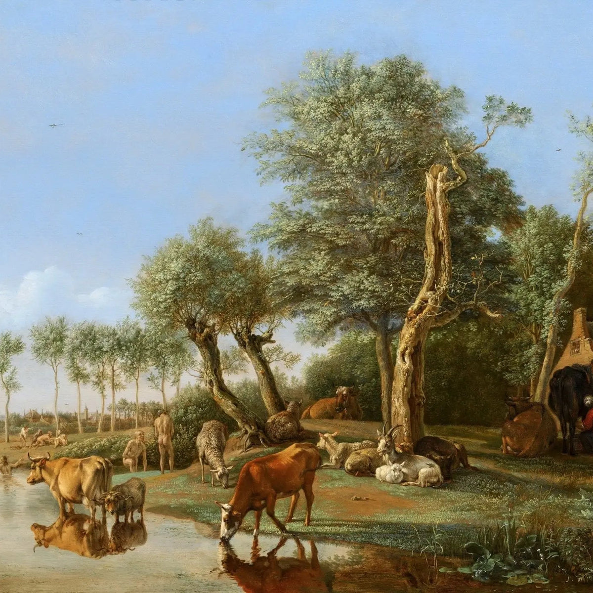 Landscape Oil Painting - Rural Scene with Animals, Figures and Pond - Oil Painting Haven