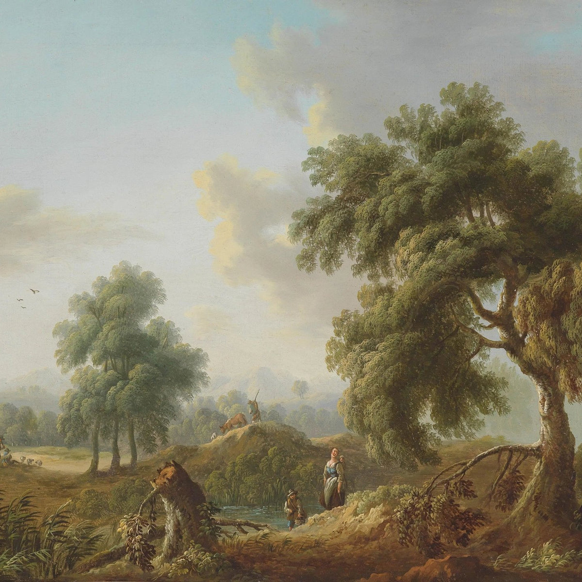 Landscape Oil Painting - Rural Scene with Trees, Figures & Animals - Oil Painting Haven