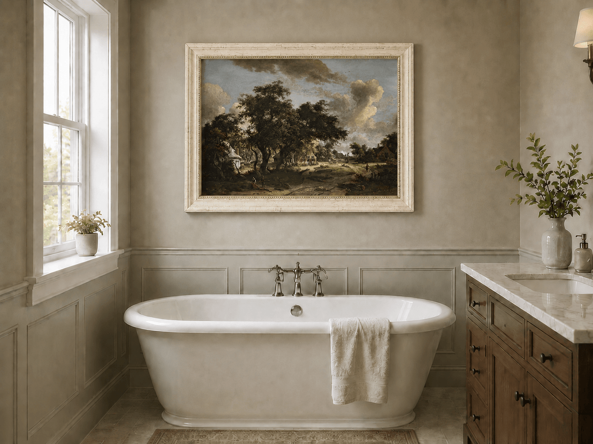 Landscape Oil Painting - Rural Scene with Trees, Houses & Figures