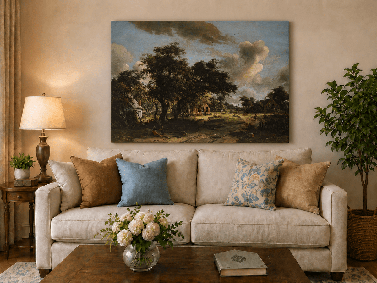 Landscape Oil Painting - Rural Scene with Trees, Houses & Figures