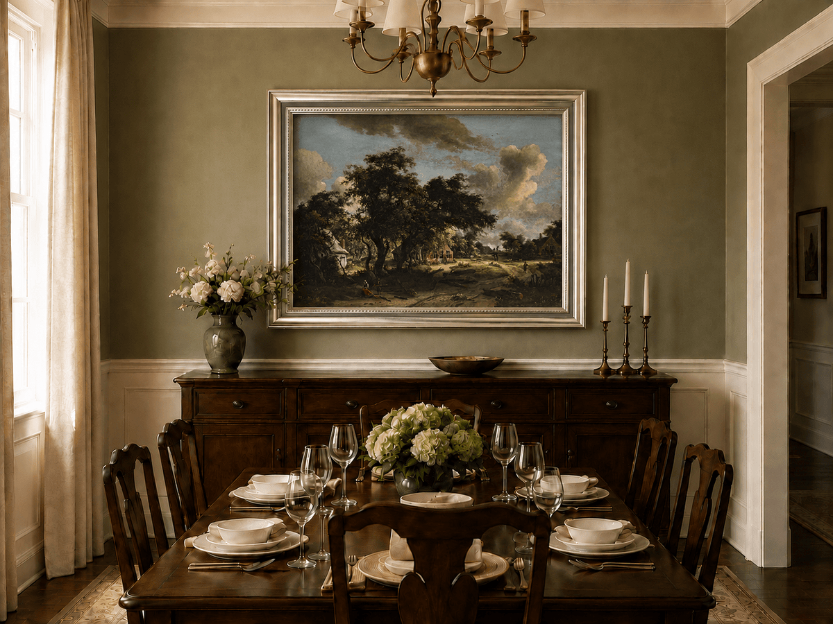 Landscape Oil Painting - Rural Scene with Trees, Houses & Figures