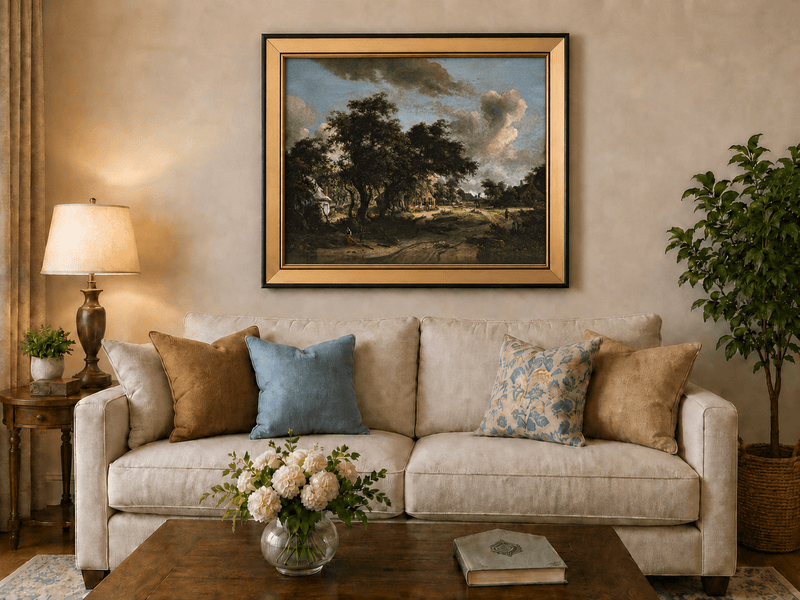 Landscape Oil Painting - Rural Scene with Trees, Houses & Figures