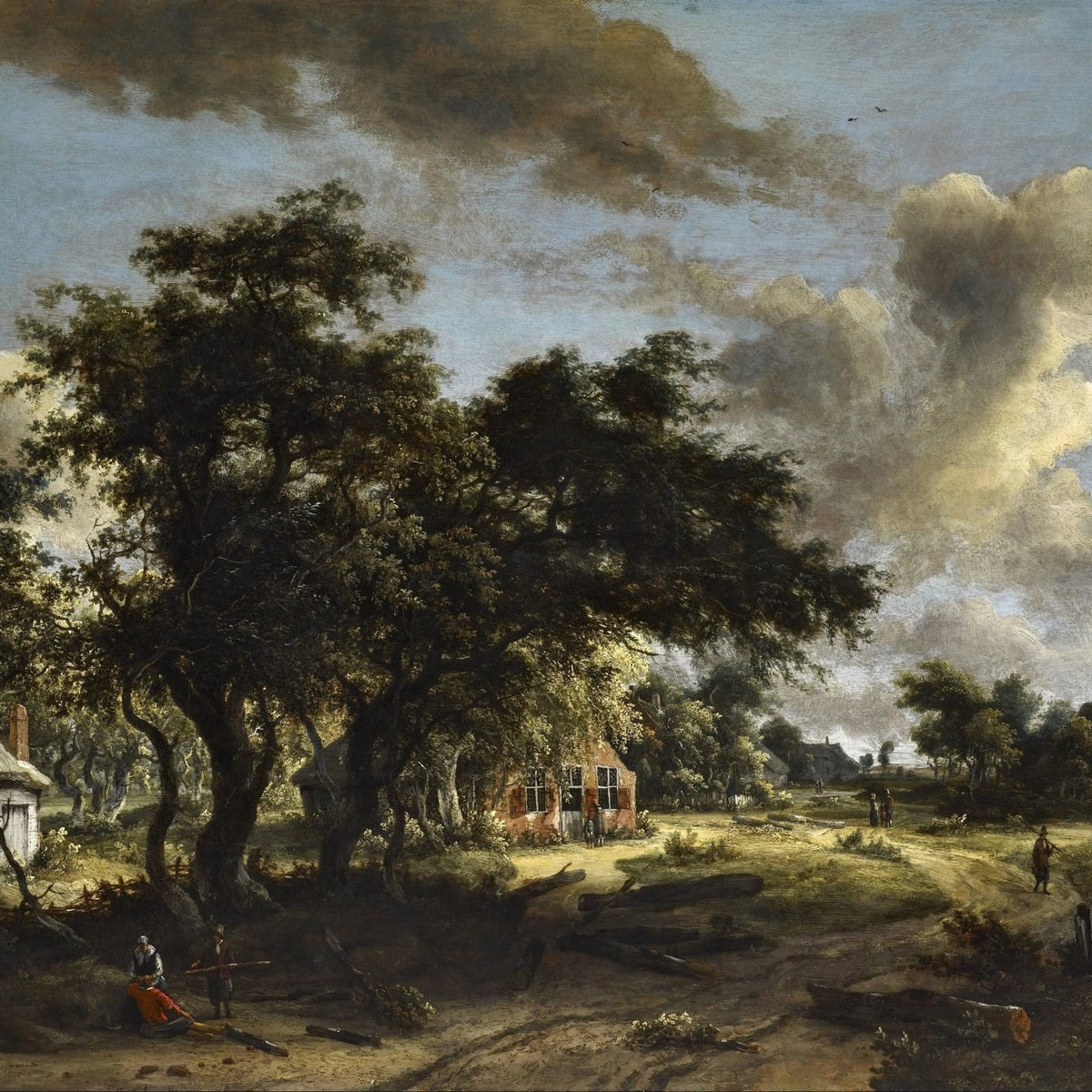 Landscape Oil Painting - Rural Scene with Trees, Houses & Figures - Oil Painting Haven