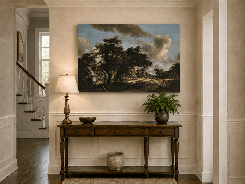 Landscape Oil Painting - Rural Scene with Trees, Houses & Figures