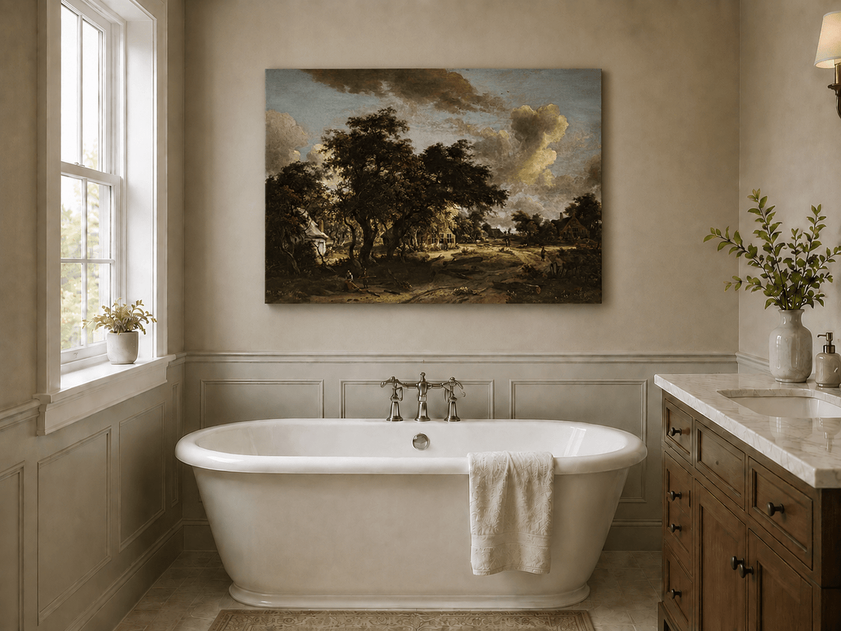 Landscape Oil Painting - Rural Scene with Trees, Houses & Figures