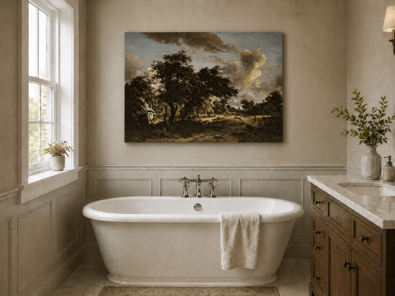 Landscape Oil Painting - Rural Scene with Trees, Houses & Figures