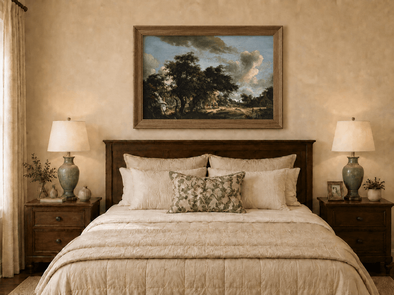 Landscape Oil Painting - Rural Scene with Trees, Houses & Figures