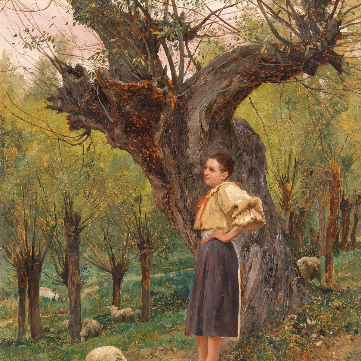 Landscape Oil Painting - Rural Shepherdess by Old Tree & Grazing Sheep - Oil Painting Haven