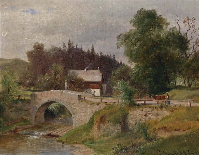 Pintura al óleo de paisaje: puente de piedra rural, cabaña y figura con vaca