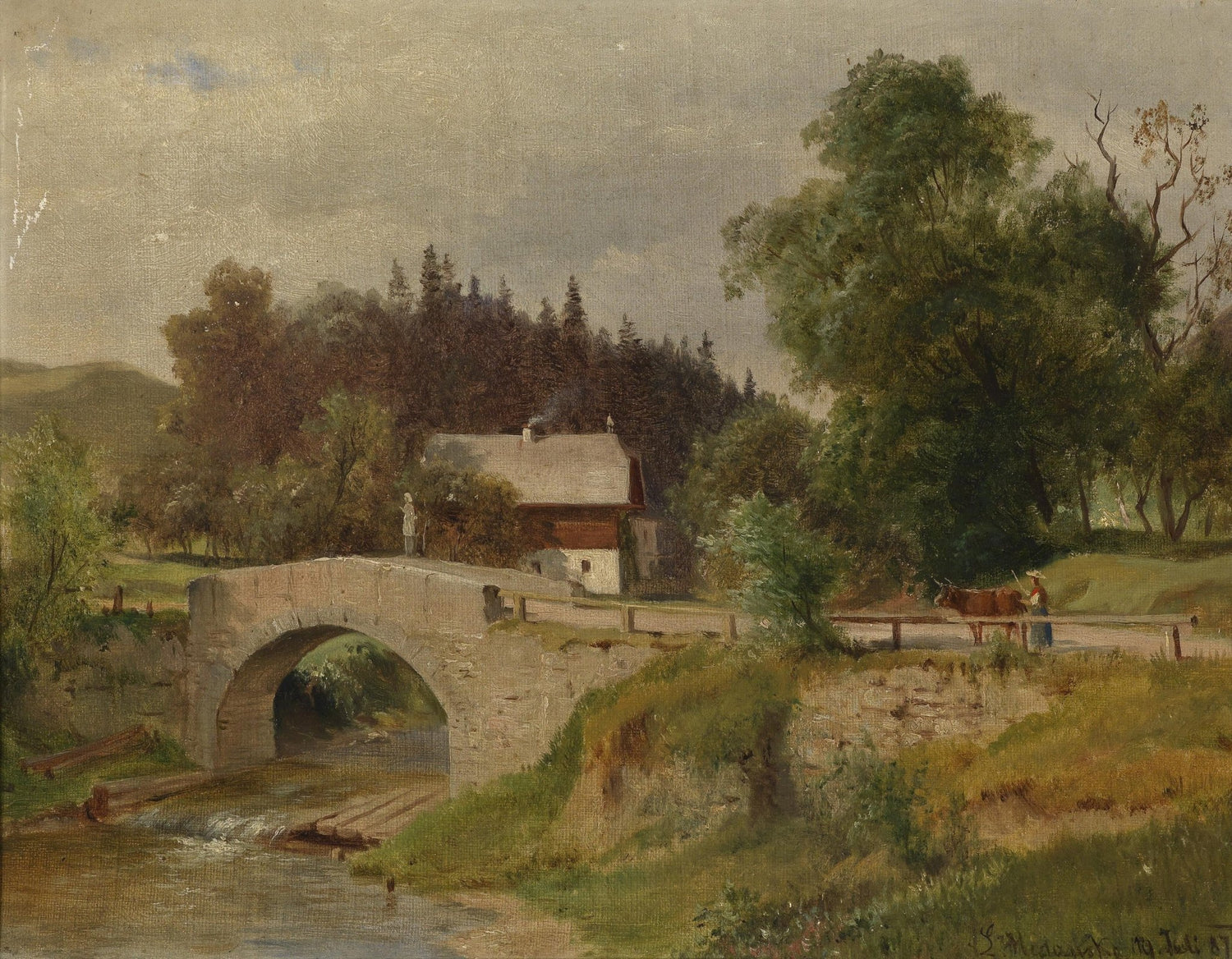Landscape Oil Painting - Rural Stone Bridge, Cottage & Figure with Cow - Oil Painting Haven