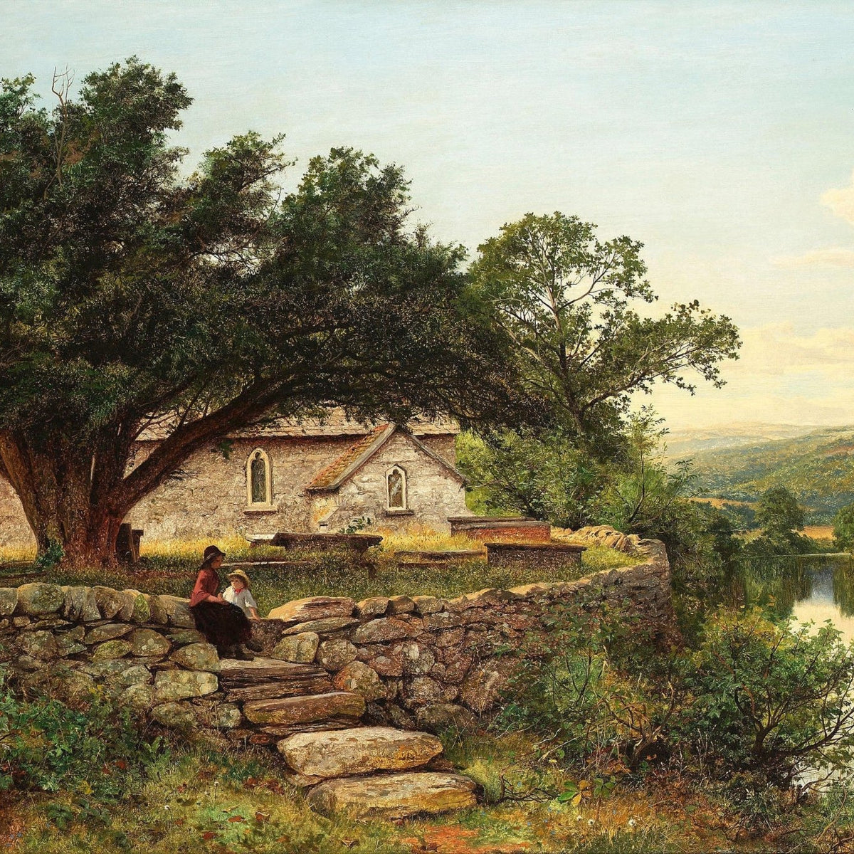Landscape Oil Painting - Rural stone cottage & old tree, lake scene - Oil Painting Haven