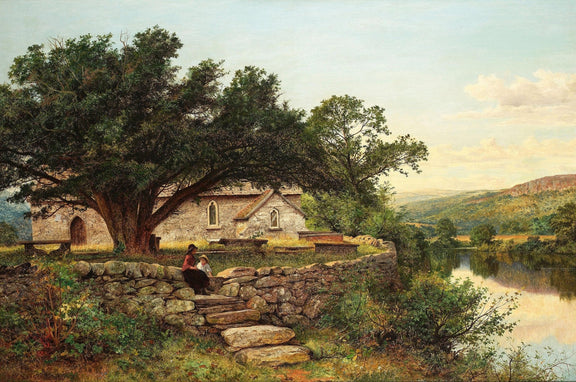 Landscape Oil Painting - Rural stone cottage & old tree, lake scene - Oil Painting Haven