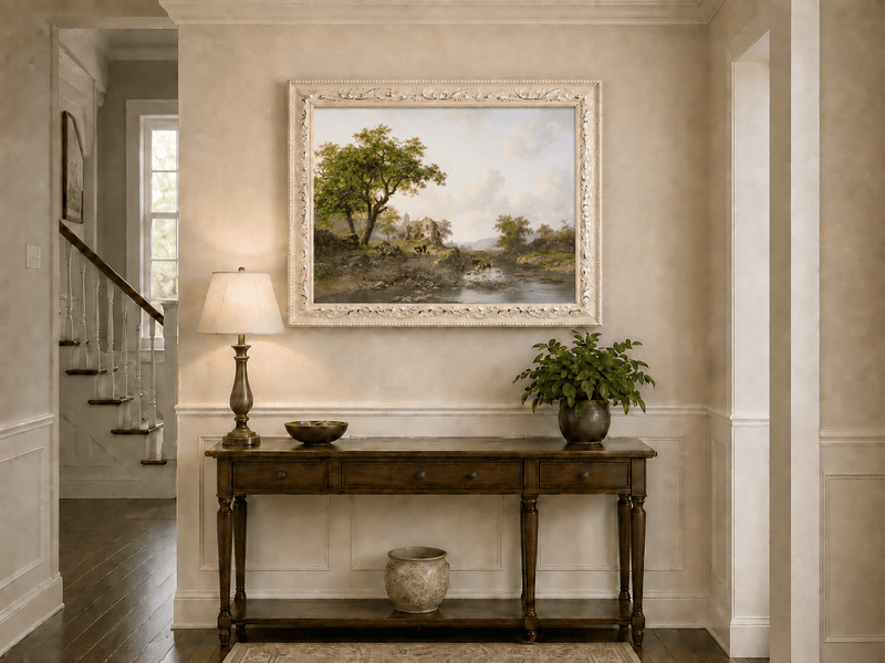 Landscape Oil Painting - Rural Stream, Livestock & Towered