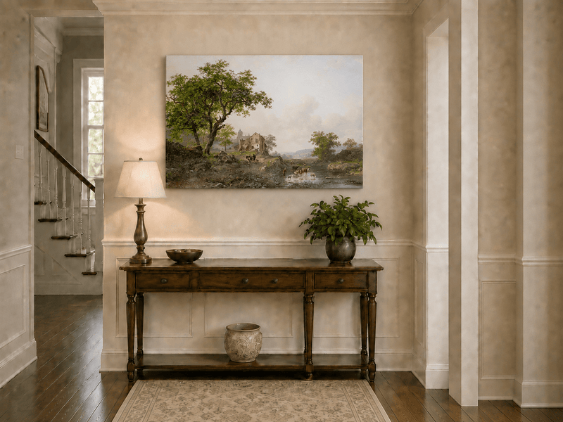 Landscape Oil Painting - Rural Stream, Livestock & Towered